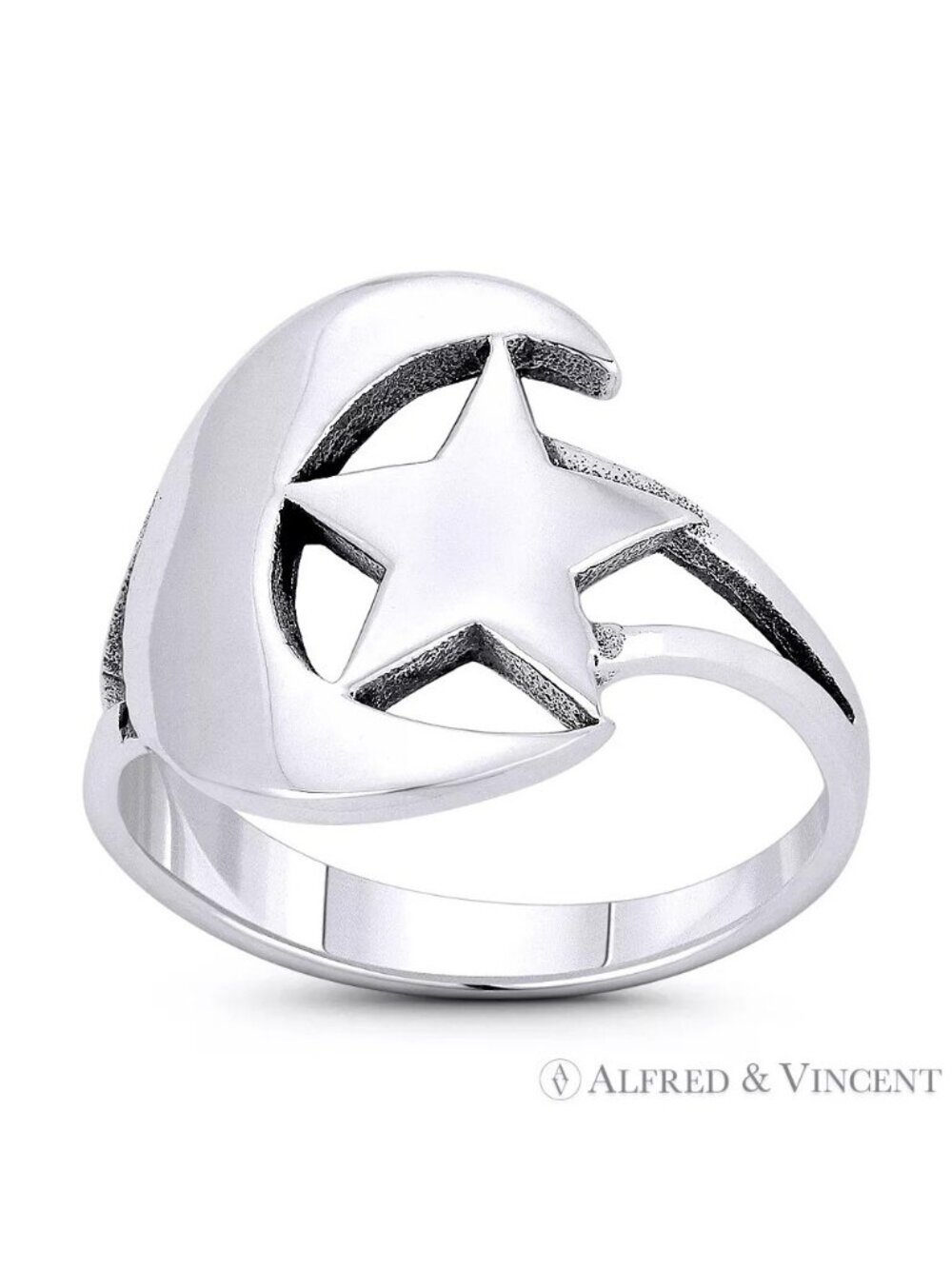 Crescent Moon & Star Turkish & Islam Charm Ring in .925 Sterling Silver Size 9